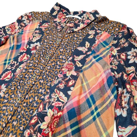 Soft Surroundings Top Tunic Patchwork Flannel Leopard Plaid Floral Button Down M - Picture 6 of 13